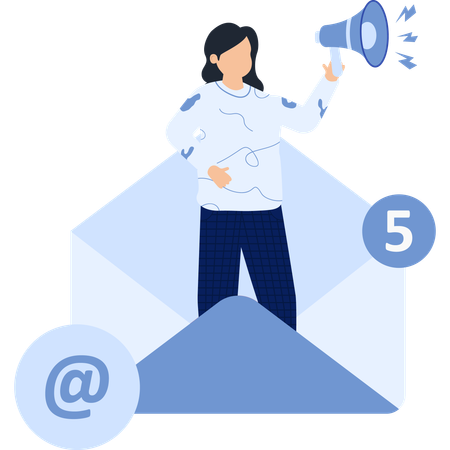 Woman with Megaphone Envelope Number 5 and At Symbol  Illustration