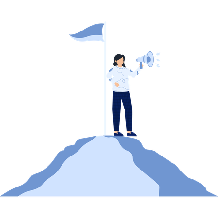 Woman with Megaphone on a Hill Reaching Goal  Illustration
