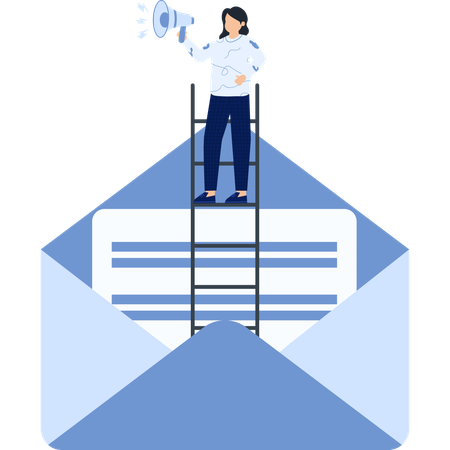 Woman with Megaphone on Ladder Reaching Out from Envelope  Illustration