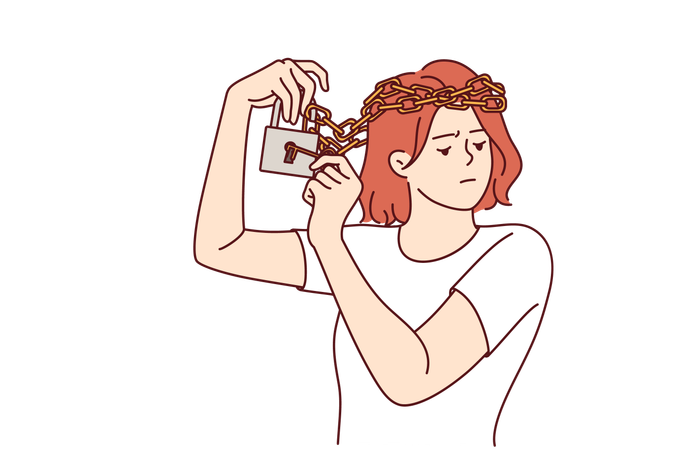 Woman with mental disorder and chain on head is trying to free herself from mental shackles  Illustration
