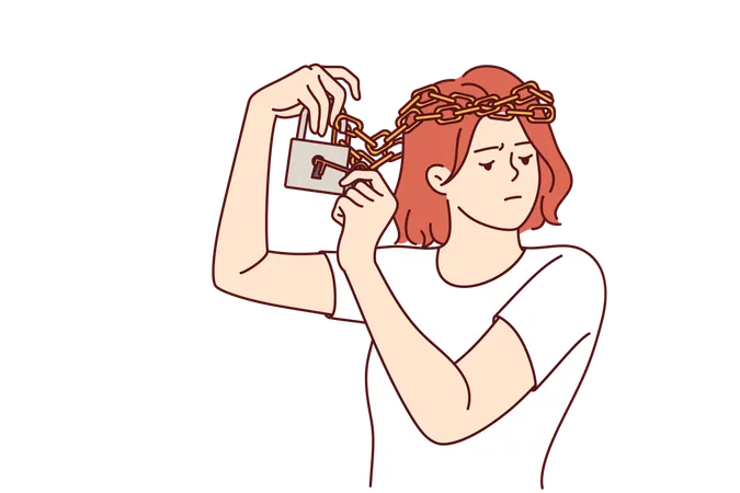 Woman with mental disorder and chain on head is trying to free herself from mental shackles  Illustration
