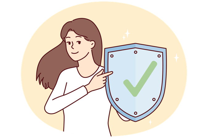 Woman with metal shield demonstrates that is web protected from viruses  Illustration
