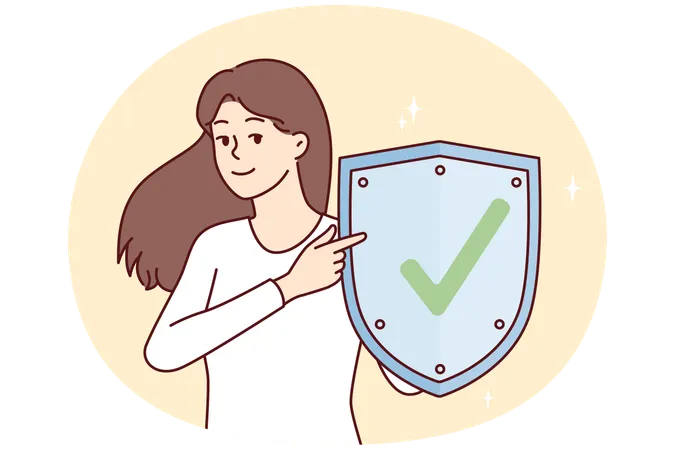 Woman with metal shield demonstrates that is web protected from viruses  Illustration
