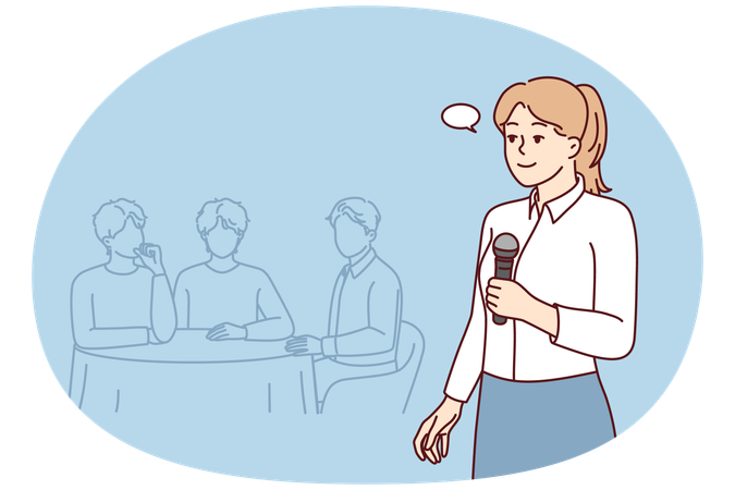 Woman with microphone host on quiz where teams compete by answering questions  Illustration
