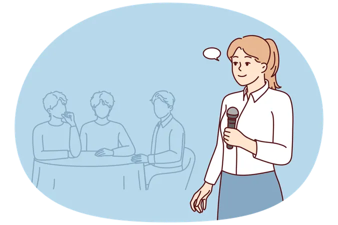 Woman with microphone host on quiz where teams compete by answering questions  Illustration