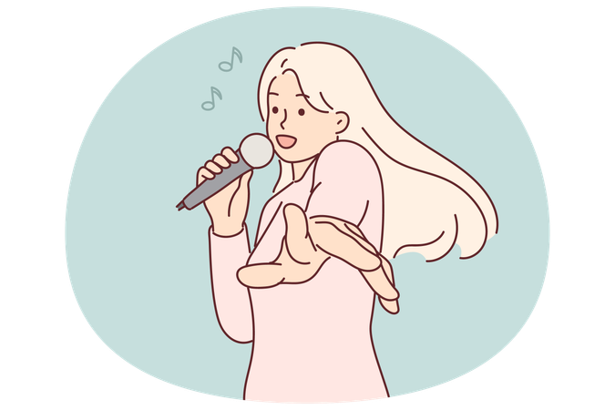 Woman with microphone sings in karaoke enjoying cool music party and stretching hands to screen  Illustration