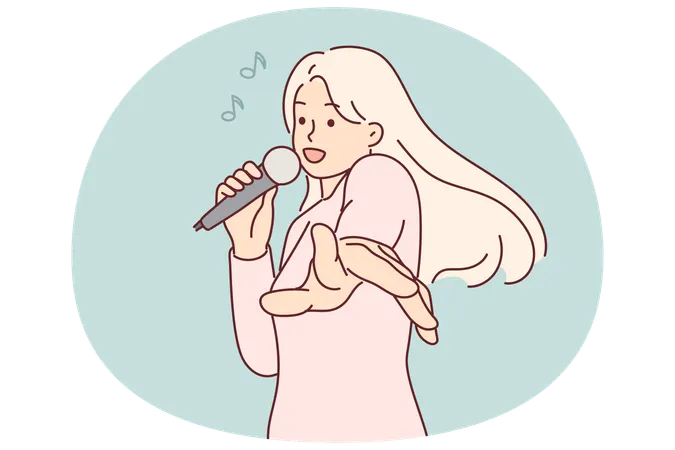 Woman with microphone sings in karaoke enjoying cool music party and stretching hands to screen  Illustration