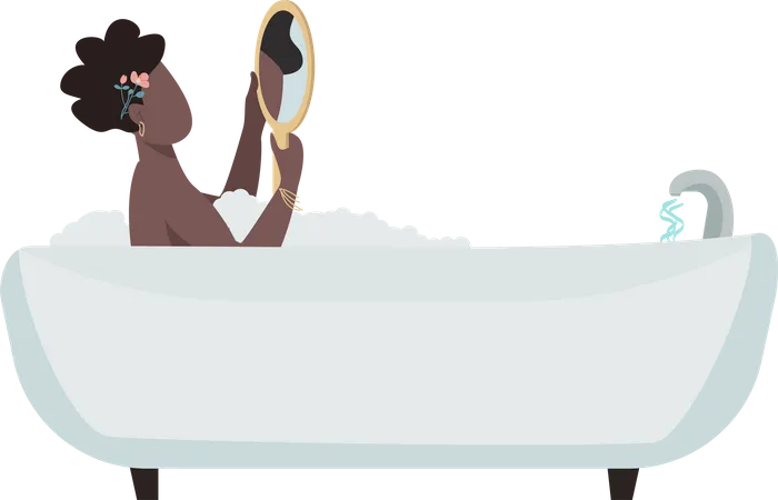 Woman with mirror relaxing in bathtub  Illustration