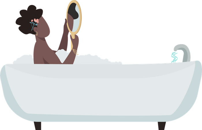 Woman with mirror relaxing in bathtub  Illustration