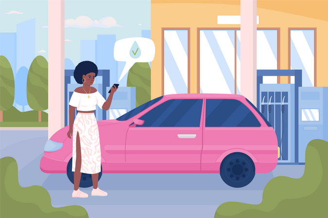 Woman with mobile phone at urban gas station Illustration