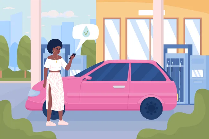 Woman with mobile phone at urban gas station  Illustration