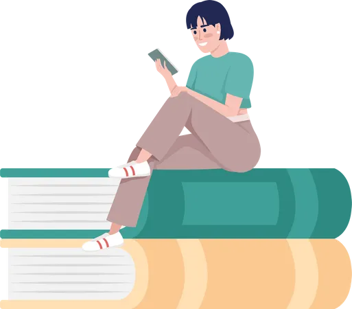 Woman with mobile phone sitting on books Illustration