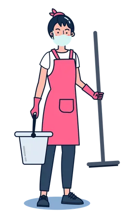 Woman with mop and water bucket  일러스트레이션