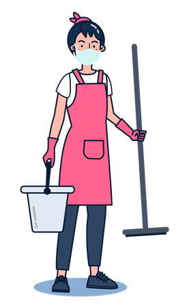 Woman with mop and water bucket  Illustration