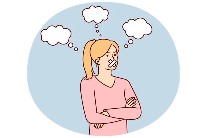Woman with mouth sealed stands with arms crossed arranging boycott due to resentment  Illustration