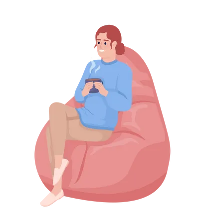 Woman With Mug Sitting On Bean Bag Semi Flat Color Vector Character Break Time Editable Figure Full Body Person On White Simple Cartoon Style Illustration For Web Graphic Design And Animation Illustration