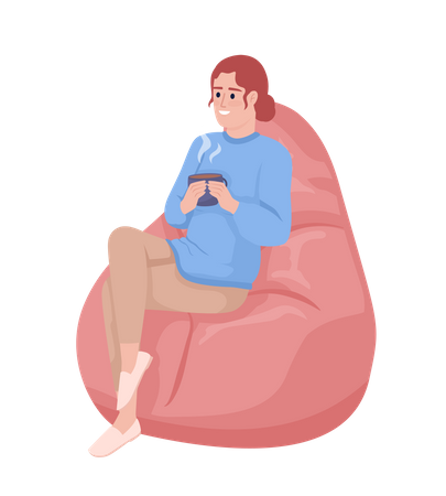 Woman with mug sitting on bean bag  Illustration