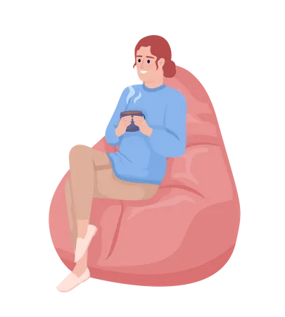 Woman with mug sitting on bean bag  Illustration