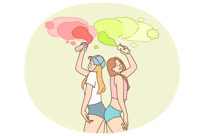 Woman with multi-colored smoke bombs poses in skimpy urban style clothes to draw attention  Illustration