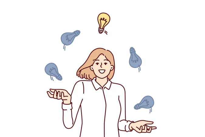 Business Woman With Lot Of New Ideas Juggles Light Bulbs Choosing Best Option To Complete Task Assigned By Manager Smart Girl With Good Ideas To Launch Own Startup Or Move Up Career Ladder イラスト