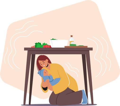 Woman With Newborn Baby Seeks Shelter Under Table During Earthquake  Illustration