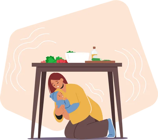 Woman With Newborn Baby Seeks Shelter Under Table During Earthquake Protecting Herself And Her Child From Falling Debris Female Character Observe Safety Rules Cartoon People Vector Illustration Illustration