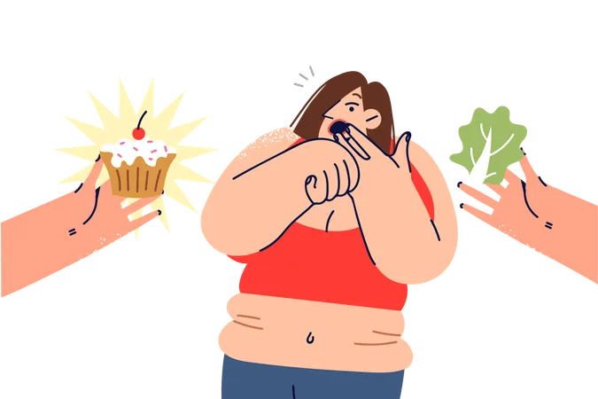 Woman with obesity experiences shock choosing between healthy and unhealthy food  Illustration