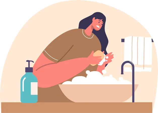 Woman With Obsessive Compulsive Disorder Ritualistically Washing Hands Driven By Relentless Fear Female Character Illustrate The Inner Struggle Of Managing Ocd Cartoon People Vector Illustration Illustration