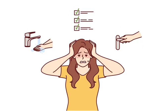 Woman With Ocd Syndrome Clutches Head For Fear Of Contracting Infection Stands Near Icons With Faucet And Door Handle Girl With Ocd Or Obsessive Compulsive Disorder Needs Treatment From Psychiatrist Illustration