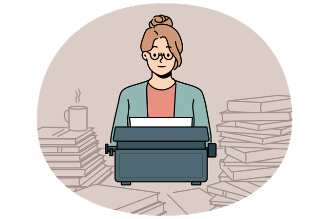 Woman with old typewriter sits at table with books while working as poet in literary magazine  Illustration
