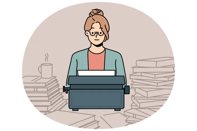 Woman with old typewriter sits at table with books while working as poet in literary magazine  Illustration
