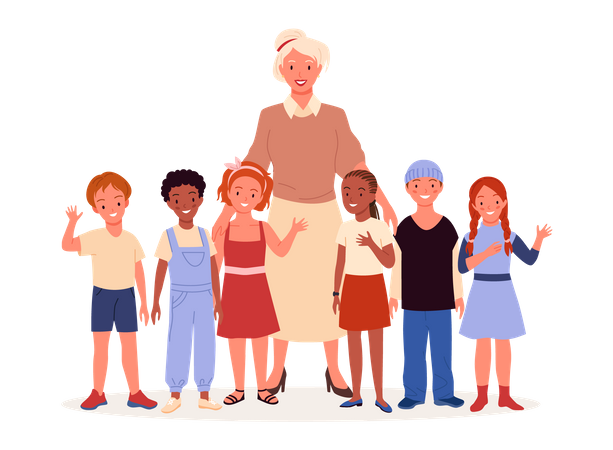 Woman with orphan kids  Illustration