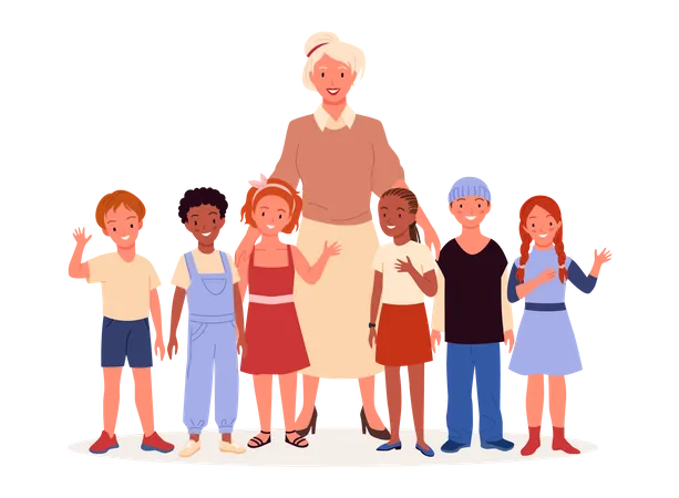 Woman with orphan kids  Illustration