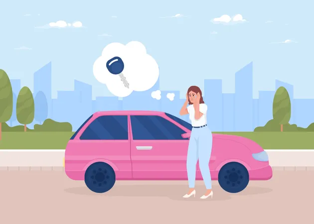 Woman with panic attack near car Illustration