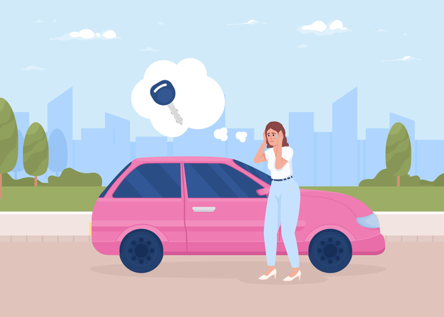 Woman with panic attack near car  Illustration