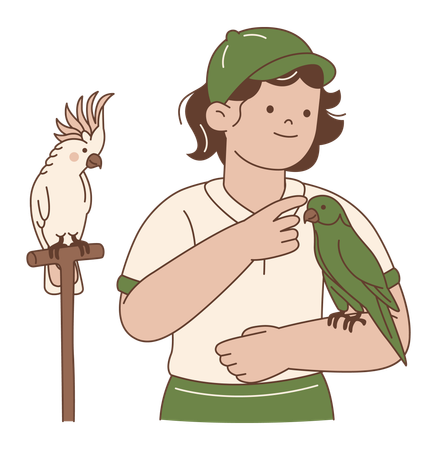 Woman with Parrot and Cockatoo  Illustration