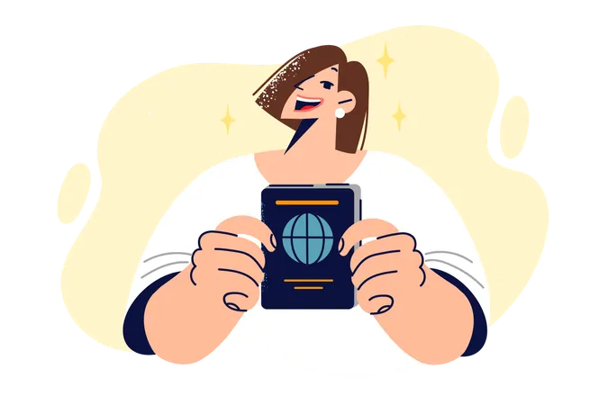 Woman With Passport In Hands Allowing To Travel Around World Or Obtain Visa From Foreign Country Girl Shows Passport Symbolizing Citizenship For Long Term Life In Country And Right To Vote Illustration