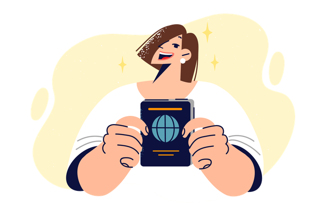 Woman with passport in hands allowing to travel around world  Illustration