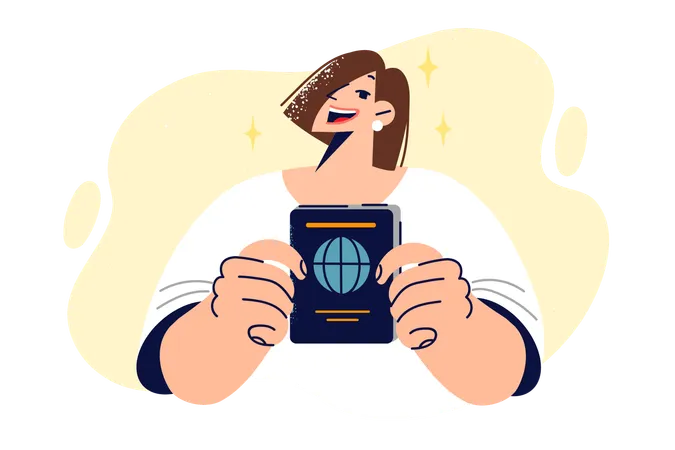 Woman with passport in hands allowing to travel around world  Illustration