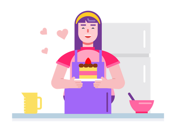 Woman with pastry cake in his hand smiling at the bakery  Illustration