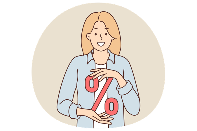 Woman with percent sign symbolizing discounts for shopping Illustration