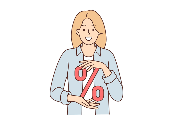 Woman with percent sign symbolizing discounts for shopping or big cashback after purchase  일러스트레이션