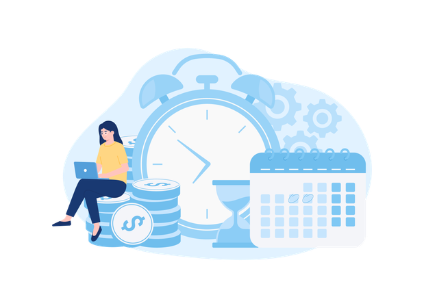 Woman with personal finance bill paying clock  イラスト