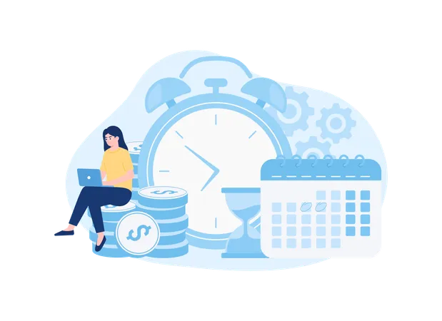Woman with personal finance bill paying clock  イラスト