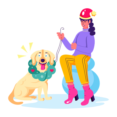 Woman with pet enjoying xmas  Illustration