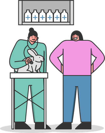 Woman with pet rabbit at VET clinic  Illustration