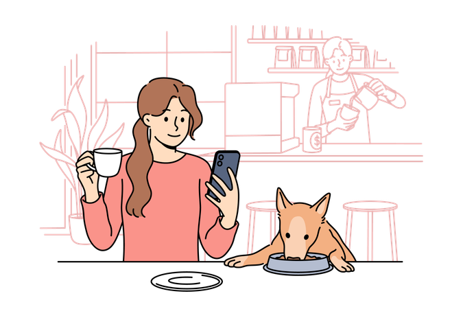 Woman with pet visits dog cafe to feed beloved puppy and drink coffee in cozy atmosphere  Illustration
