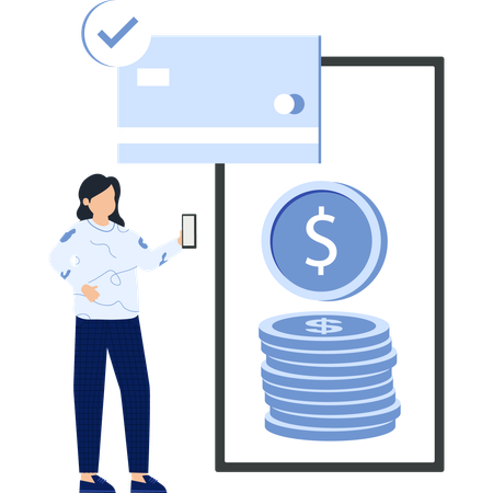 Woman with Phone Credit Card Coins and Check Mark  Illustration