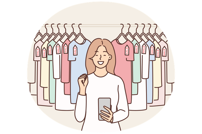 Woman with phone near hanger with T-shirts rejoices sale and opportunity to buy clothes at discounts  Illustration