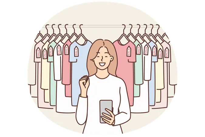 Woman with phone near hanger with T-shirts rejoices sale and opportunity to buy clothes at discounts  Illustration